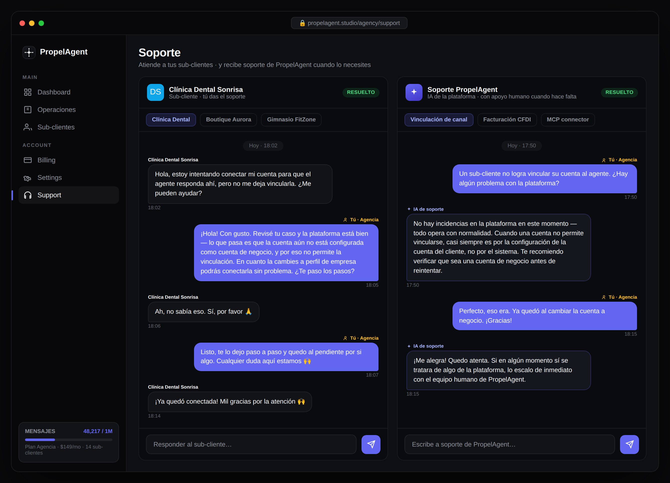 Panel de soporte y conversaciones Propel